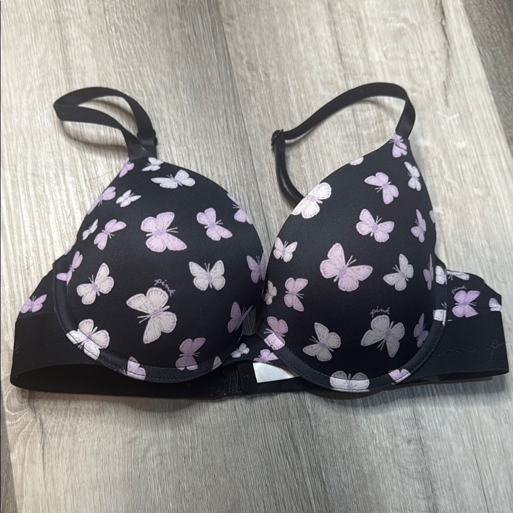 PINK Victoria's Secret Black Bra with Pink Butterfly Design
